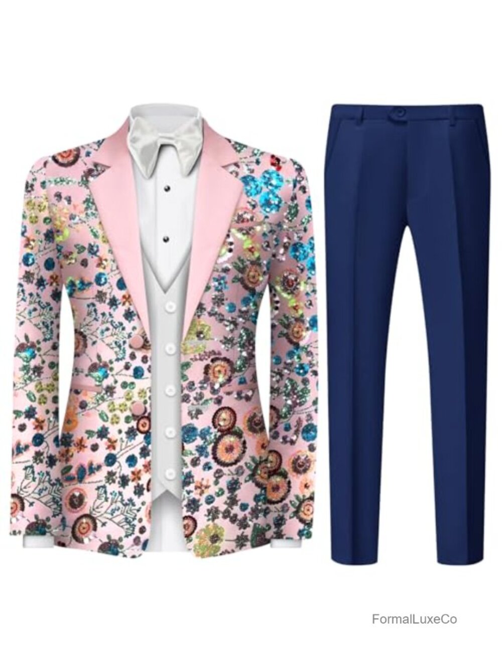 Men's 2 Piece Slim Fit Floral Sequin Suit Set with Beaded Applique Blazer and